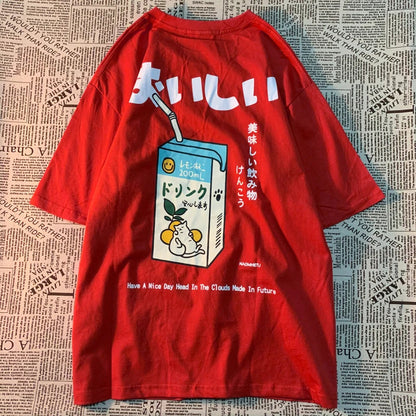 Cute Japanese Cat Print Oversized T-shirt Women Men Short Sleeve Loose Casual Tee Shirt Streetwear Tops Cotton Harajuku Clothing SS69