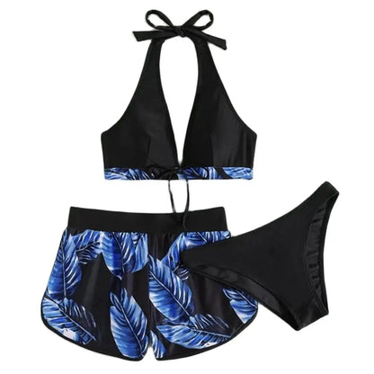 Women 2024 New Bikinis 6 Colors Sexy Halter Bikini 3 Piece Set Leafs Print High Waisted Swimsuit Beach Bathing Suit Size S-XXL SS69