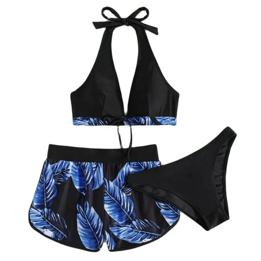 Women 2024 New Bikinis 6 Colors Sexy Halter Bikini 3 Piece Set Leafs Print High Waisted Swimsuit Beach Bathing Suit Size S-XXL SS69