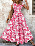 Vintage Floral Print V-Neck Maxi Dress - Women's Retro Gown