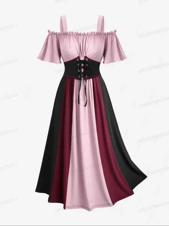 ROSEGAL Plus Size Women's Dress New Cold Shoulder Ruched Ruffles Colorblock Patchwork Lace Up Belted Vintage Corset Dresses Robe