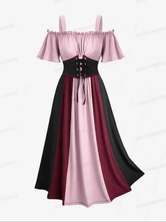 ROSEGAL Plus Size Women's Dress New Cold Shoulder Ruched Ruffles Colorblock Patchwork Lace Up Belted Vintage Corset Dresses Robe