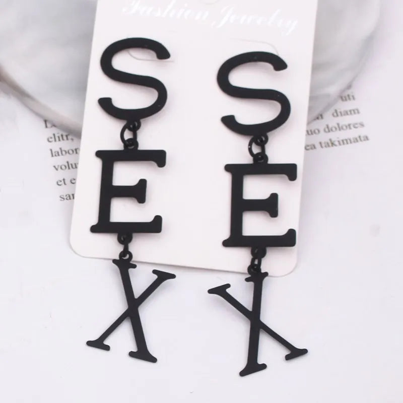 Punk Letter SEX Shape Dangle Earrings for Women Vintage European Metal Drop Earrings Golden Silver Color Black Red Green Jewelry SS69