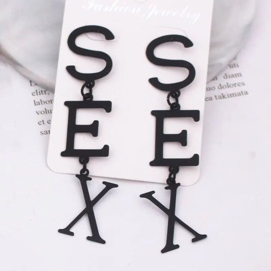 Punk Letter SEX Shape Dangle Earrings for Women Vintage European Metal Drop Earrings Golden Silver Color Black Red Green Jewelry SS69