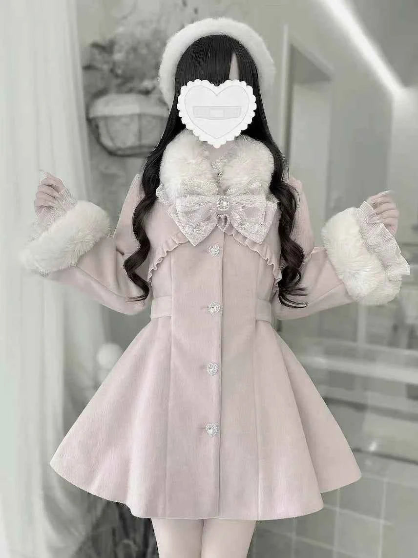 Japanese Mass-Produced Long Wool Collar Coat 20% Wool Waist-Cinching Sweet Girl Long Sleeve Slim Fit Elegant Lolita Woolen Coat