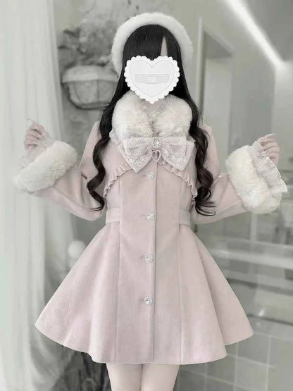 Japanese Mass-Produced Long Wool Collar Coat 20% Wool Waist-Cinching Sweet Girl Long Sleeve Slim Fit Elegant Lolita Woolen Coat