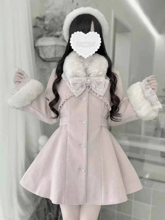Japanese Mass-Produced Long Wool Collar Coat 20% Wool Waist-Cinching Sweet Girl Long Sleeve Slim Fit Elegant Lolita Woolen Coat