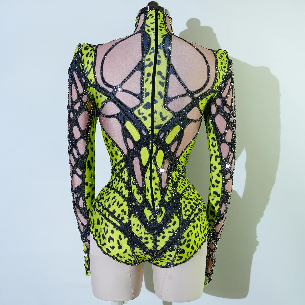 SS69 Women's Rhinestone Embellished Green Bodysuit High Elasticity Dance Outfit