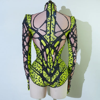 SS69 Women's Rhinestone Embellished Green Bodysuit High Elasticity Dance Outfit