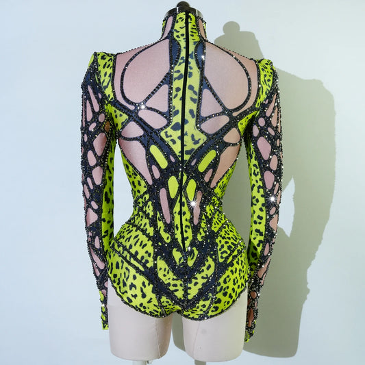SS69 Women's Rhinestone Embellished Green Bodysuit High Elasticity Dance Outfit
