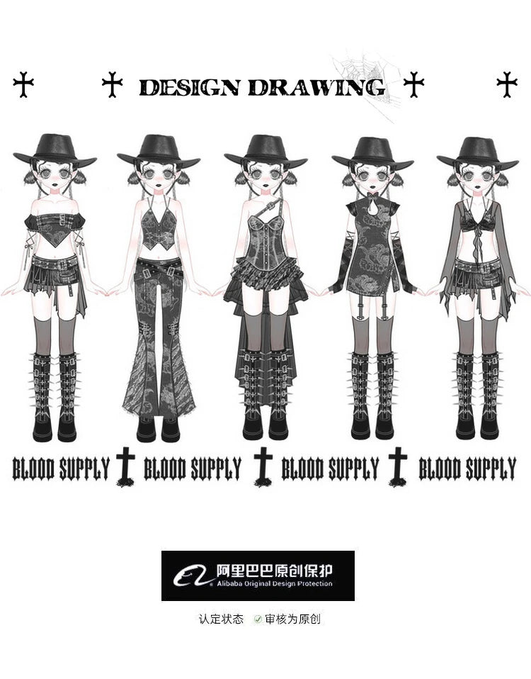 Blood Supply Original Punk Aesthetic dress hot girl Dragon Pattern Denim Sexy Slim Fit Dress Summer Halter Ruffles Short Dresses SS69