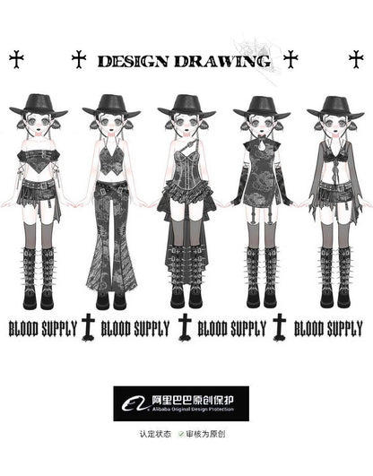 Blood Supply Original Punk Aesthetic dress hot girl Dragon Pattern Denim Sexy Slim Fit Dress Summer Halter Ruffles Short Dresses SS69
