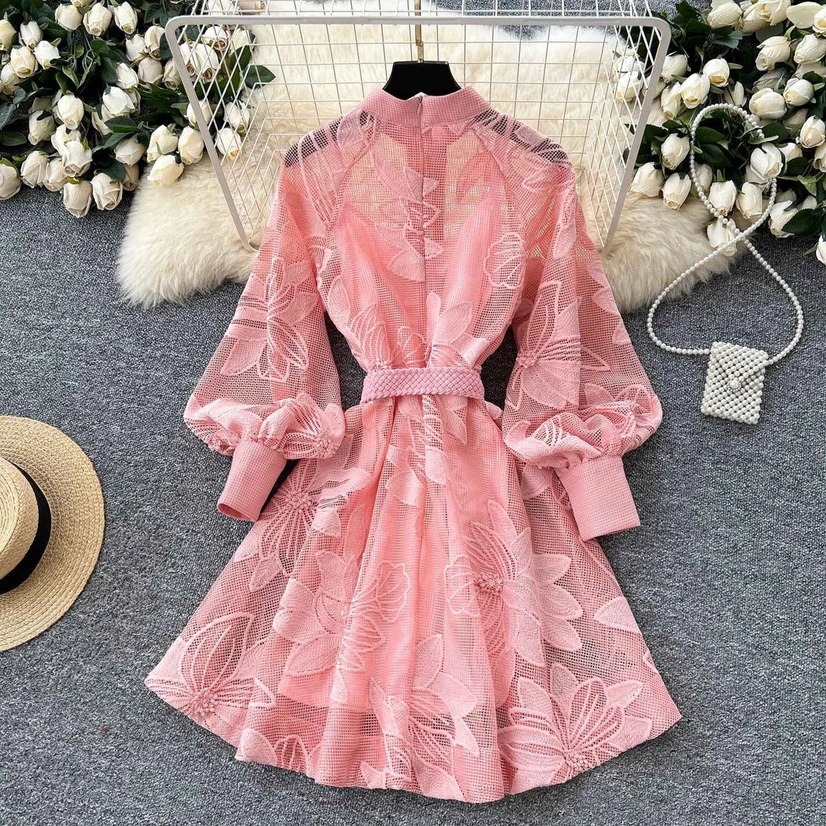 SINGREINY Women Elegant Floral Emboridery Dress Hollow Out Long Sleeve Single Breasted Belt French Court Chic Short A Line Dress