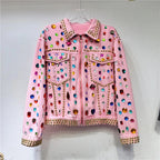Women Rainbow Diamonds Beaded Pink Denim Coat Loose Rhinestones Jeans Jacket Long Sleeve Crystal Cowboy Cardigan Rivets Tops SS69