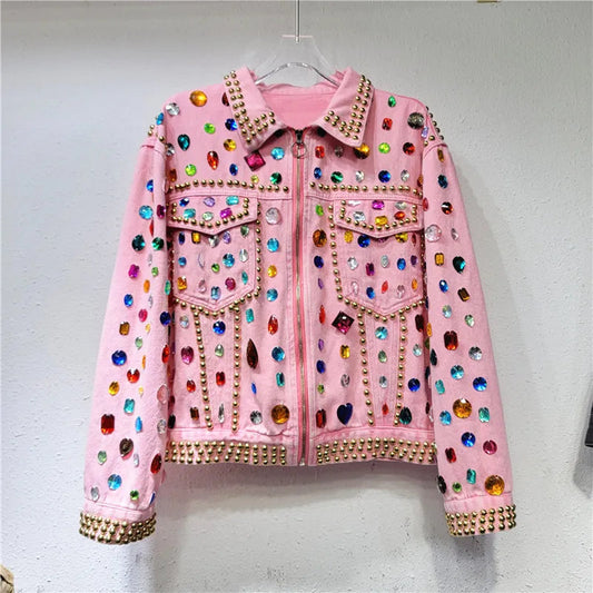 Women Rainbow Diamonds Beaded Pink Denim Coat Loose Rhinestones Jeans Jacket Long Sleeve Crystal Cowboy Cardigan Rivets Tops SS69