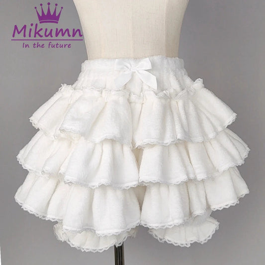 Harajuku Y2k Sweet Pink White Pumpkin Pants Lolita Autumn Winter JK Plush Shorts Japanese Kawaii Ruffles Lantern Shorts SS69