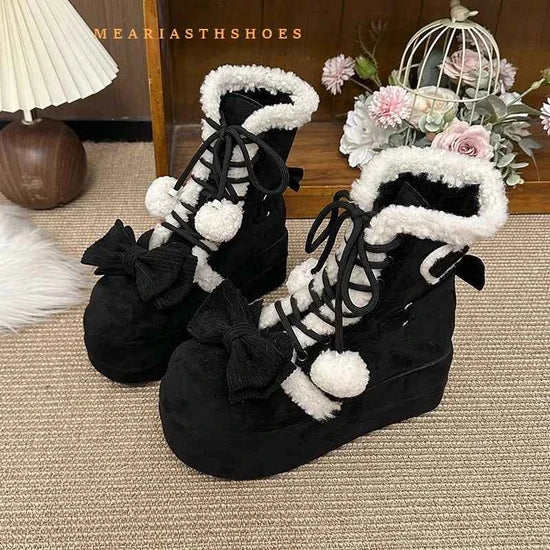 pink Sweet Winter Girls Lolita Mid-Calf Snow Boots,Cute Female Students Plush Warm Bowknots Lace Up Wedge Heel Heightening Shoes