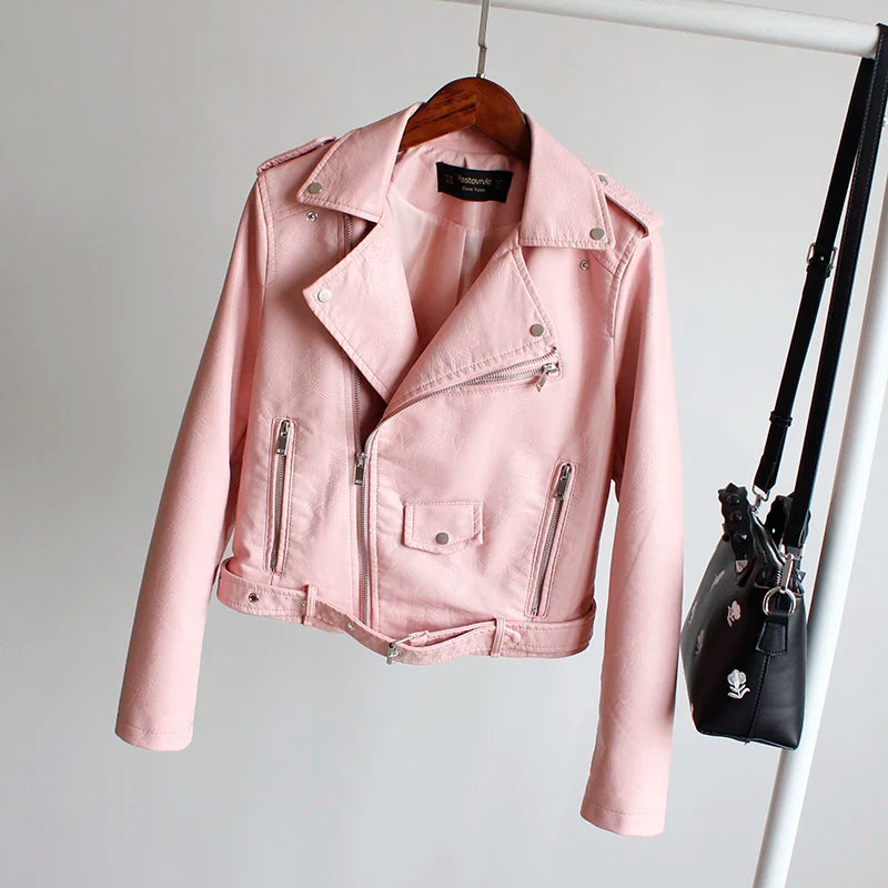 Women's PU Leather Motorcycle Jacket - Slim Fit, Turn-Down Collar
