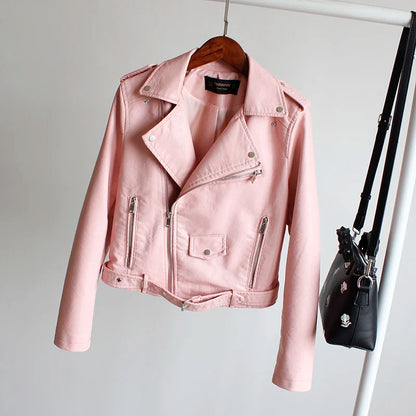 New Leather Jacket Women's Fashion Autumn PU Slim Fit Artificial Leather Motorcycle Coat Black Red Leather Jacket Women