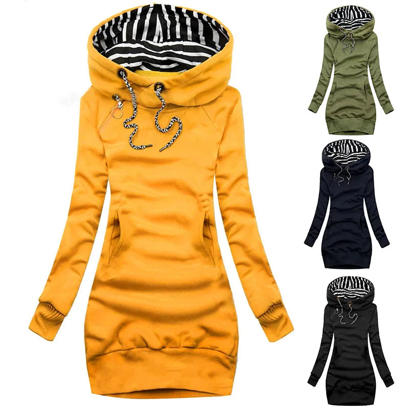 Hoodie Dress Casual Solid Colour Long Sleeve Drawstring Hoodie Dress Slim Hooded Pullover Sweatshirt Dress SS69