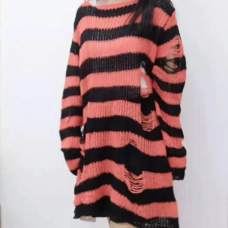 New Women's Punk Gothic Oversized Pullover Sweater Striped Hollow out Cool Harajuku Aesthetics Spring Autumn