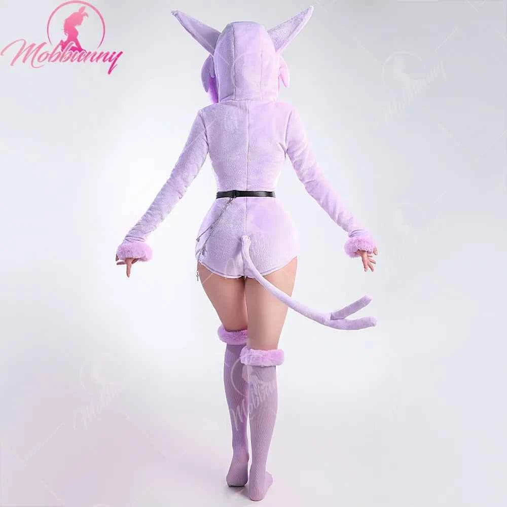 MOBBUNNY Espeon Cosplay Costume Women Hooded Bodysuit Tail Socks Suit Cute Cartoon Flannel Pajamas Bunny Girl Plush Jumpsuit