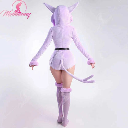 MOBBUNNY Espeon Cosplay Costume Women Hooded Bodysuit Tail Socks Suit Cute Cartoon Flannel Pajamas Bunny Girl Plush Jumpsuit