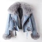 Women's Faux Fox Fur Collar Jean Jacket - Warm Winter Outwear