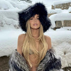 Luxury Fluffy Women Faux Fur Bucket Hats Oversized 17cm Wide Brim Thicken Outdoor Warm Plush Punk Hat Girl Y2k Female Ski Panama
