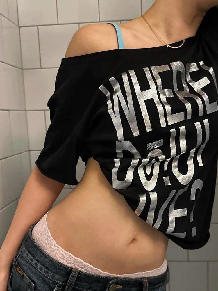 Nibber 2026 Summer New Trend Letter Print t-Shirt Women Skew Collar Leisuremusic Festival Hottie High Street Classic Clubwear