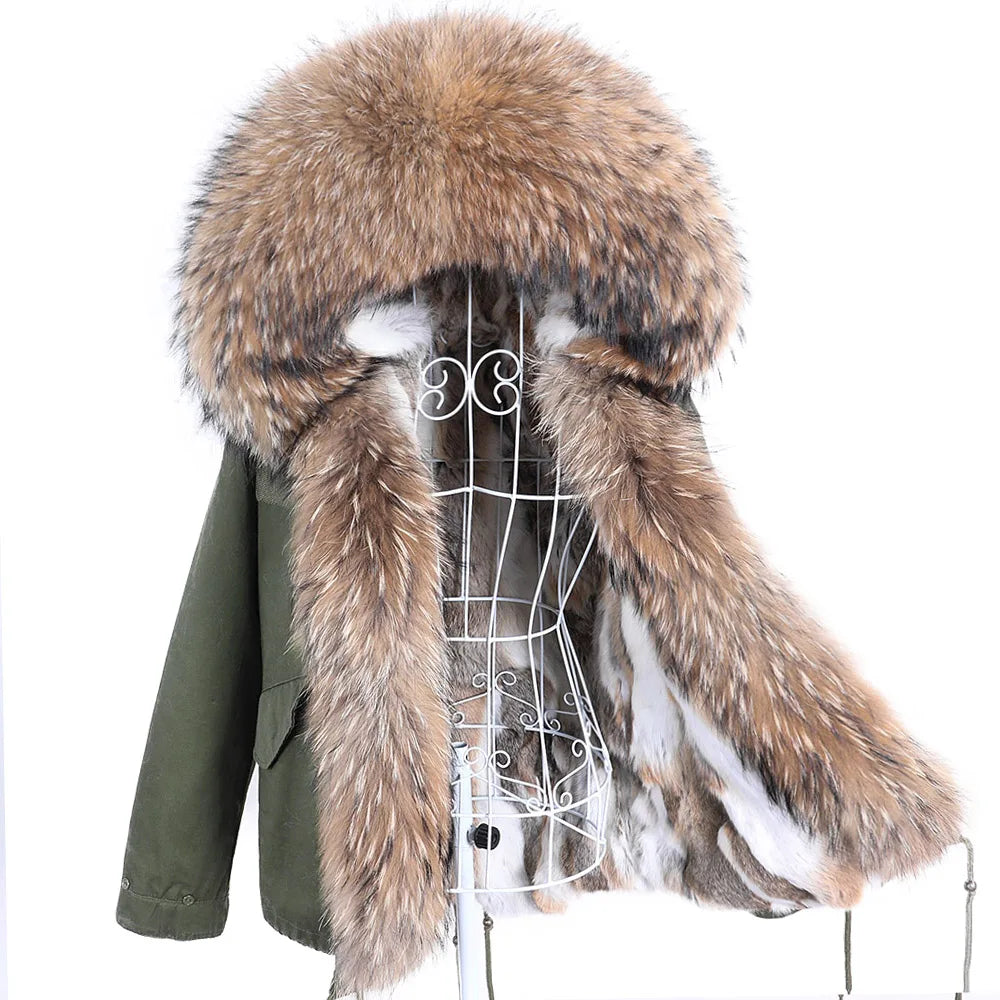 Maomaokong Winter Women Parka Cotton Jacket Real Fur Coat Natural Fox Fur Hooded Rabbit Fur Liner Thick Warm Outerwear Female