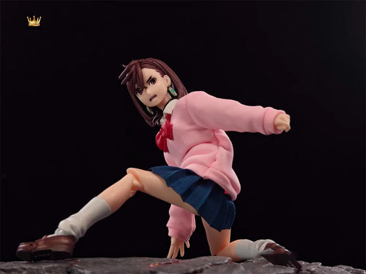 Handmade 1/12 Classic Japanese Anime DAN DA DAN Cosplay Momo Pink Hoodie Blue Pleated Skirt Set Fit 6" SHF Action Figure Body SS69