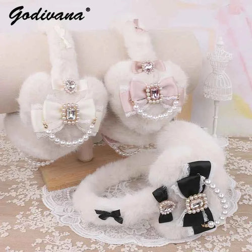 Sweet Mine Hairy Rhinestone Big Love Bow Earmuffs - Lolita Style
