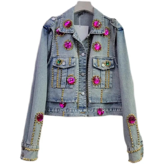 Color Gem Stitching Denim Coat Autumn New American Style Vintage Washed Beaded Rivet Street Fashion Short Jacket Women Trendy SS69