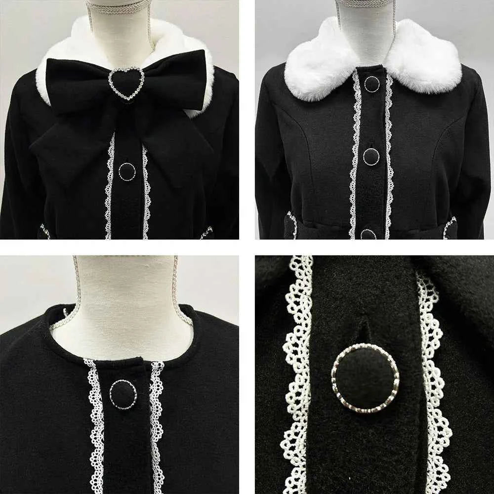Japanese Sweet Winter Woolen Coat Lolita Style Cute Big Bow Fungus Edge Long Sleeve Slim Kawaii Girls Women Elegant Overcoat