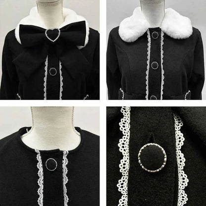 Japanese Sweet Winter Woolen Coat Lolita Style Cute Big Bow Fungus Edge Long Sleeve Slim Kawaii Girls Women Elegant Overcoat