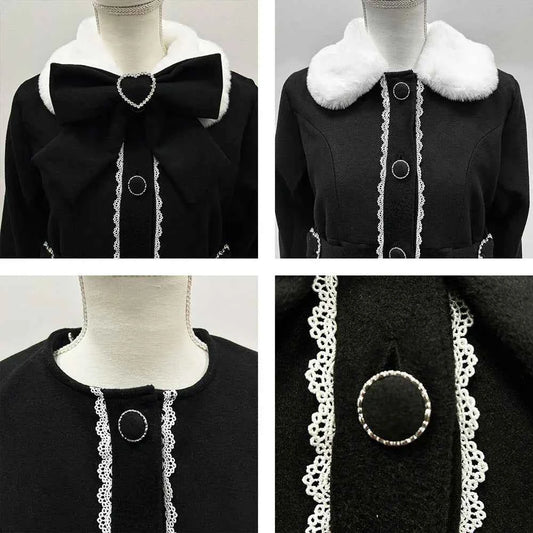 Japanese Sweet Winter Woolen Coat Lolita Style Cute Big Bow Fungus Edge Long Sleeve Slim Kawaii Girls Women Elegant Overcoat