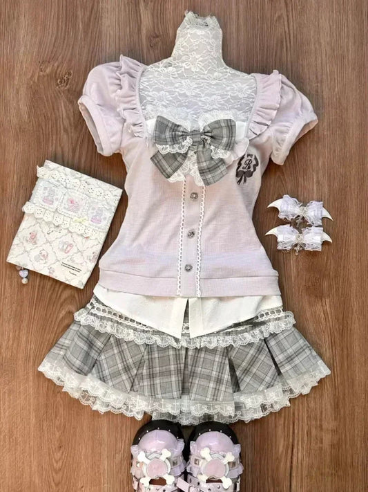 Japanese Sweet Preppy Style 2 Piece Set Women Kawaii Lace Patchwork Bow Tops + Y2k Plaid Mini Skirt Elegant Fashion Outifits New SS69 23.69 801 Sets / S