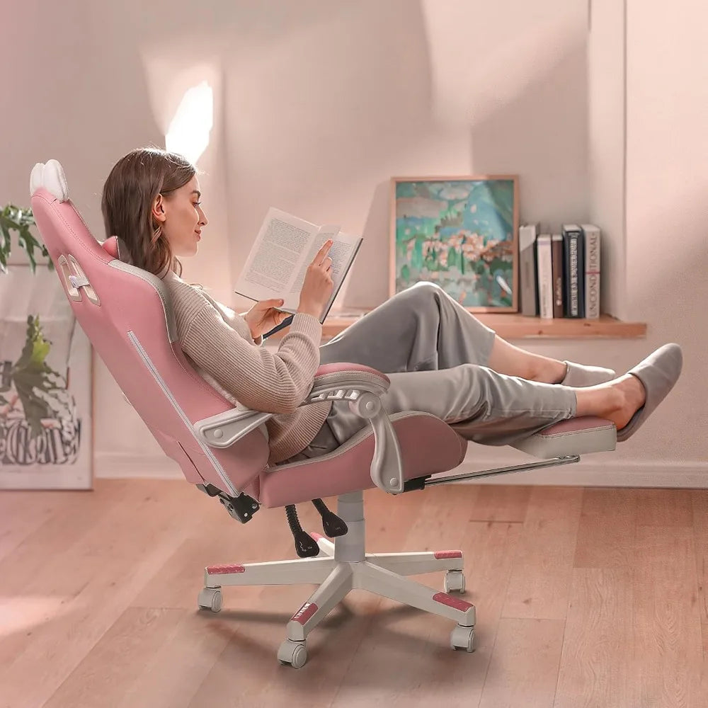 Pink Gaming Chair Cute with Cat Ears and Cat Paw Lumbar Cushion, Ergonomic Computer Chair for Girl with Footrest and Headrest SS69