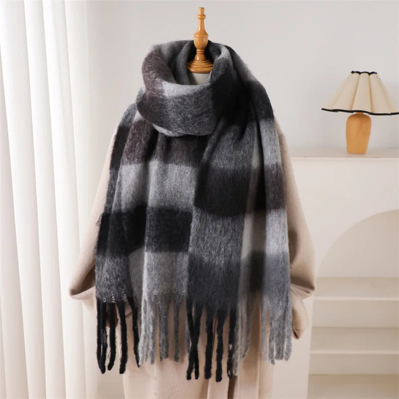 RUNMEIFACN Women's Winter Plaid Cashmere Blend Scarf with Tassels