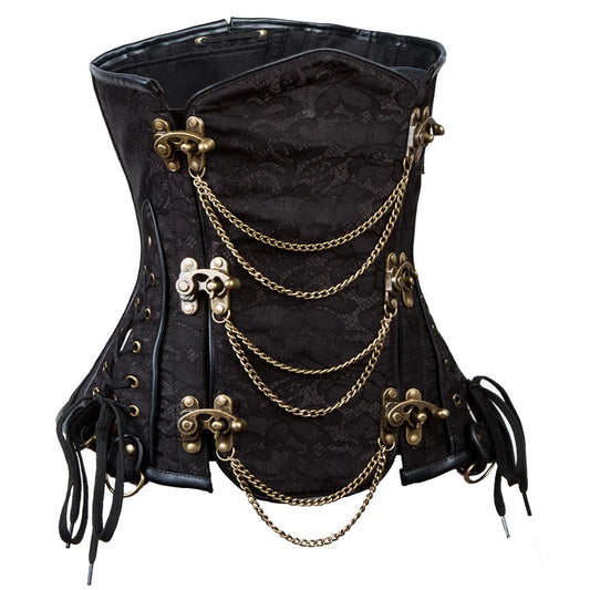 SS69 Brown Steampunk Underbust Corset, Steel Boned Floral Waist Trainer