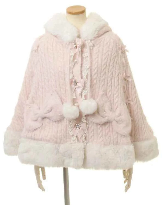 Liz Japanese Sweet Princess Faux Rabbit Fur Cape Coat Autumn Winter Girl Women Fur Jacket Clock Rhinestone Bow Hooded Coat