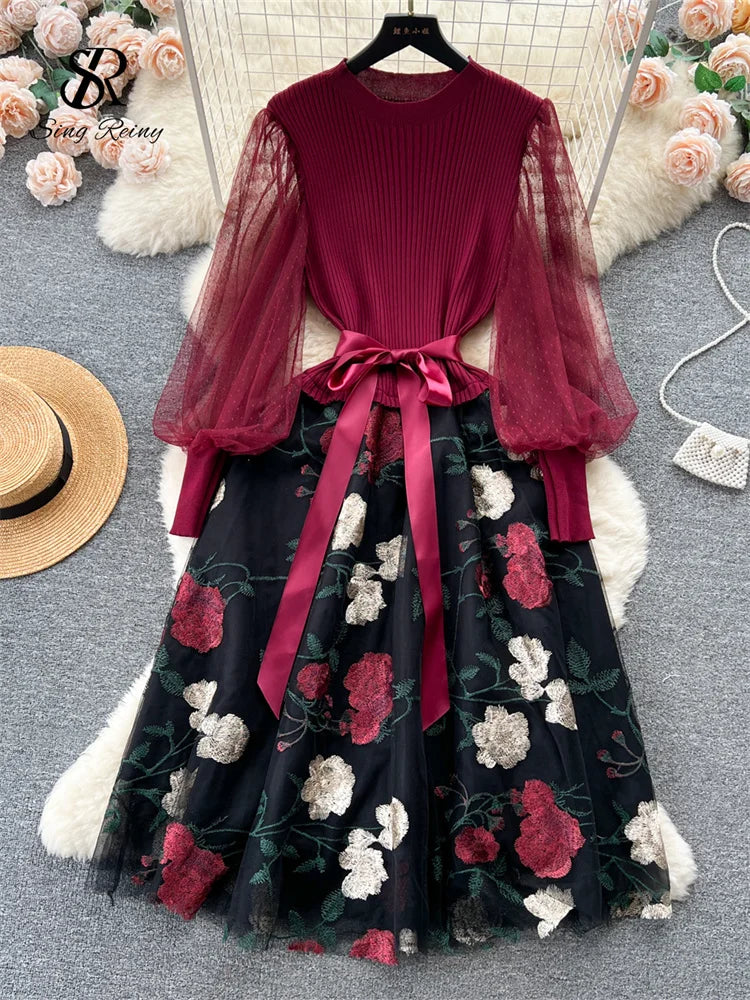 SINGREINY Senior Knitted Patchwork Dress Long Lantern Sleeves Bow Mesh Embroidery Floral Women Autumn France Elegant Party Dress