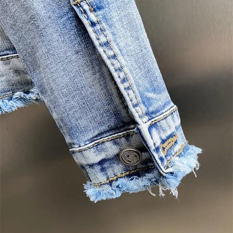 Retro Diamonds Embedding Floral Embroidery Denim Coat Spring Flowers Sequins Appliques Slim Jeans Jacket Cowboy Cardigan Jaqueta SS69