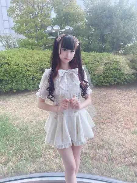 Japanese Mine Mass-Produced Short-Sleeve Shirt Dress Shorts Set Women Sweet Liz Doll Collar Bow Shirt Dress Two-Piece Suit