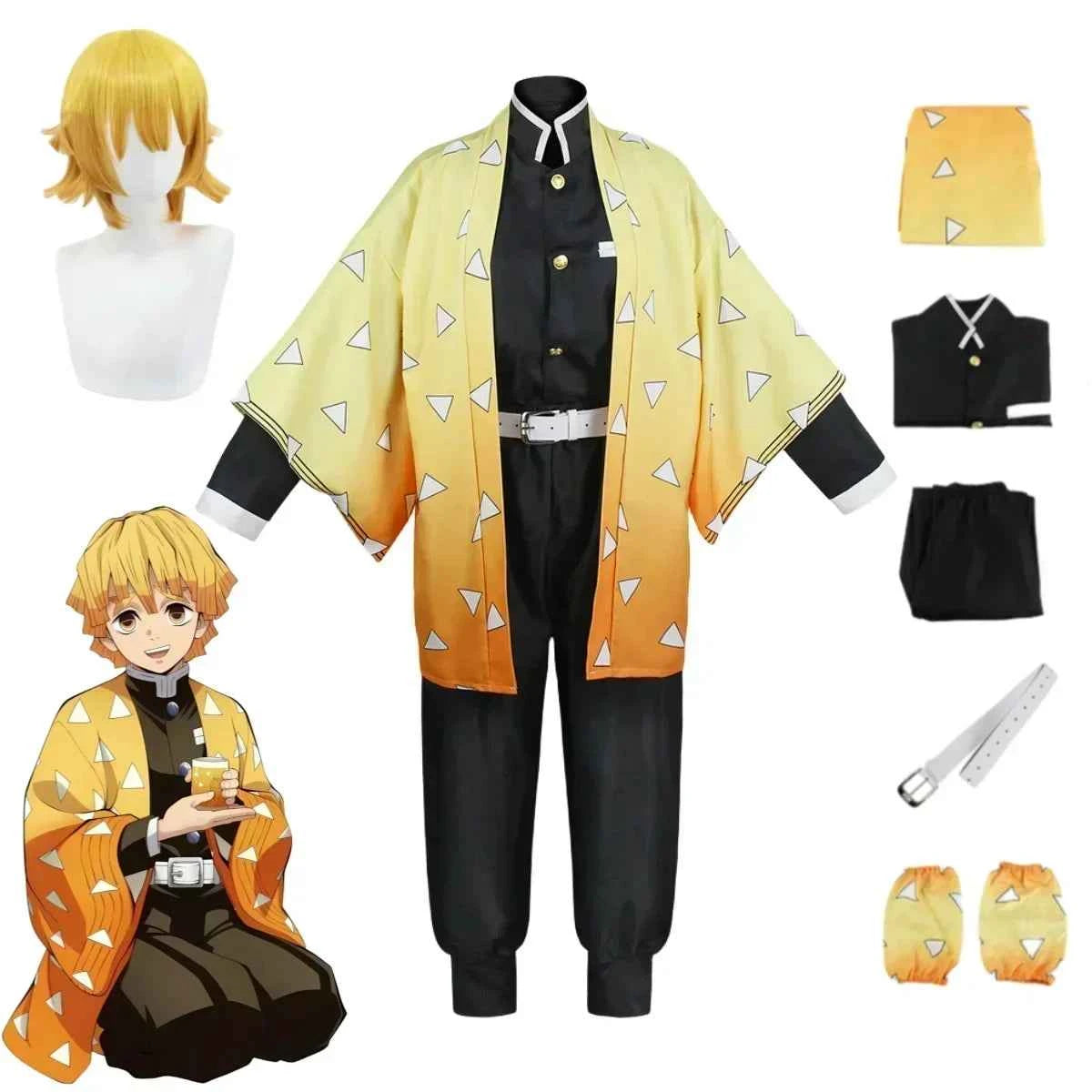 Agatsuma Zenitsu cosplay set including yellow patterned kimono, black uniform, wig, belt, and socks.