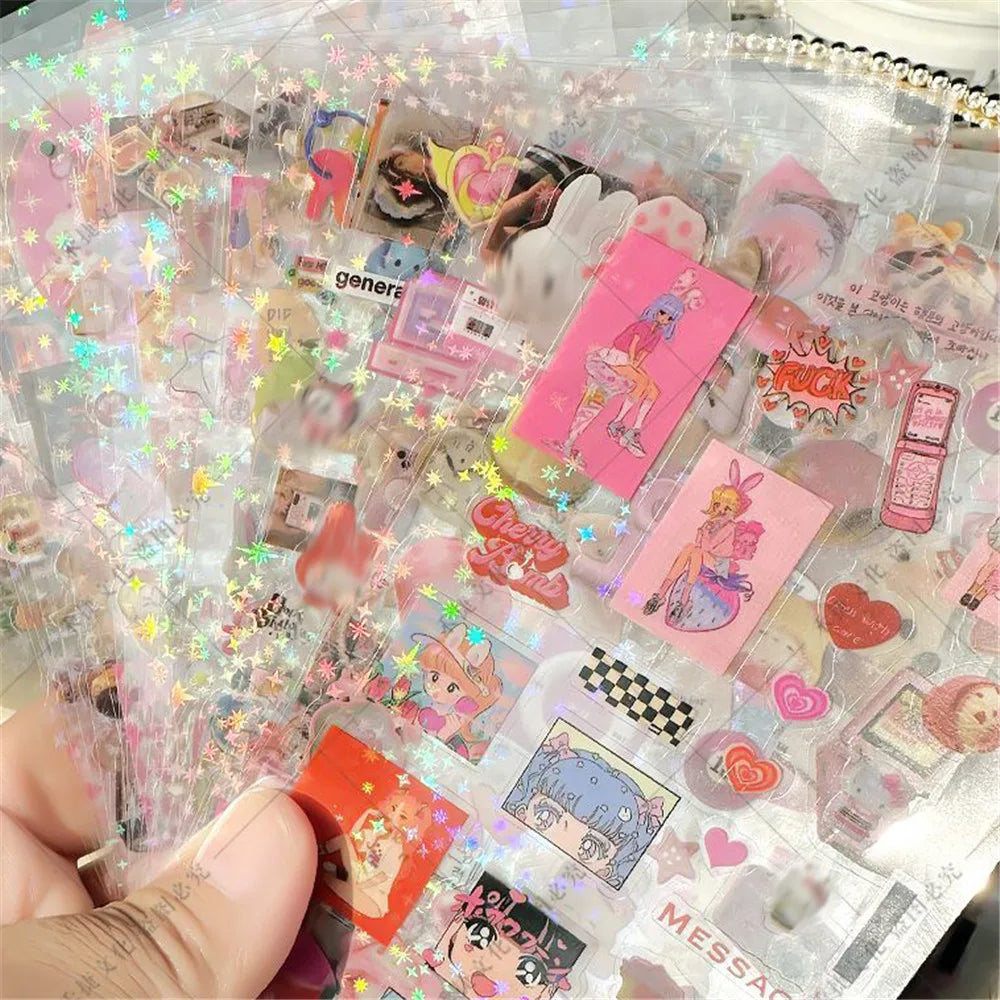 12pcs/10pcs Kawaii Glitter Stickers Transparent Journal Stickers PET Scrapbooking Cut Film Toploader Scrapbooking Deco Home SS69