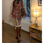 Women's Double Breasted Plaid Coat, Woolen Jacket , V-Neck, Loose Tops, Female Clothes, Sweet, New, Autumn, Winter