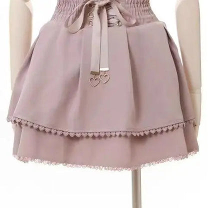 Japanese Kawaii Mini Cake Skirts Womens Jupe Fairy Bandage Lolita High Waist Y2k Aesthetic Sweet Lace Gothic JK Faldas Skirt SS69