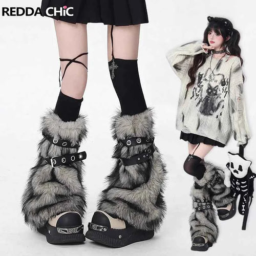 REDDACHiC Faux Fur Leg Warmers with Belt - Vintage Y2k Gyaru Boots Cover
